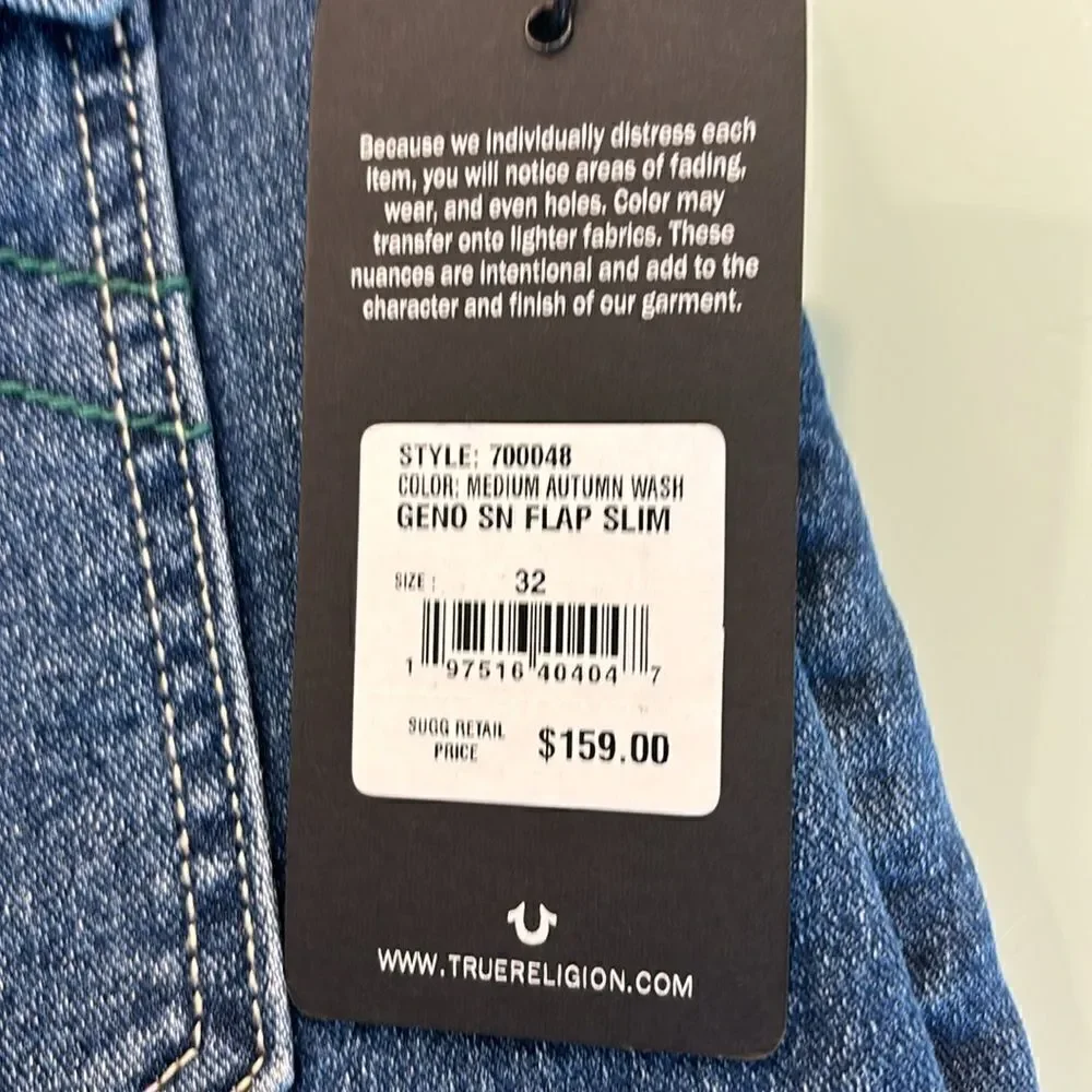 True Religion NWT jeans 32 GENO an flap slim dark blue wash faded very stretchy